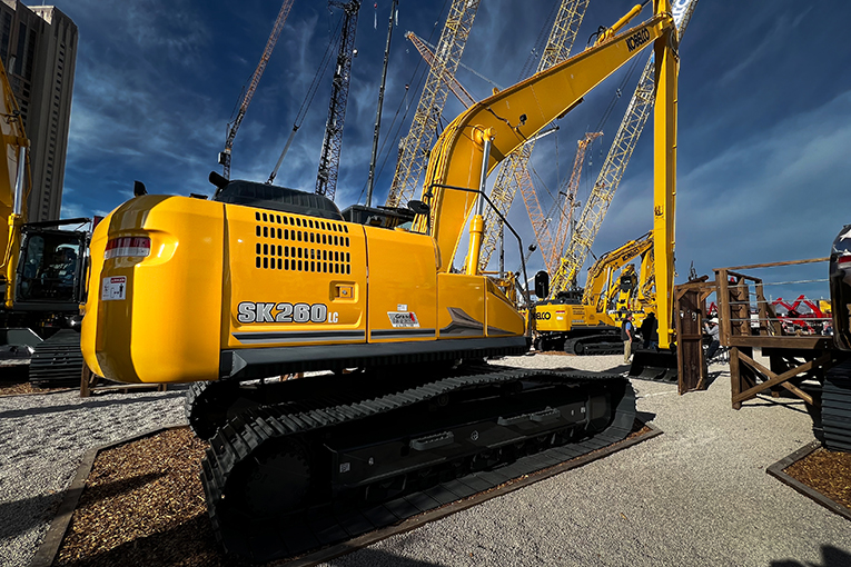 Rear shot of a large excavator on display at ConExpo